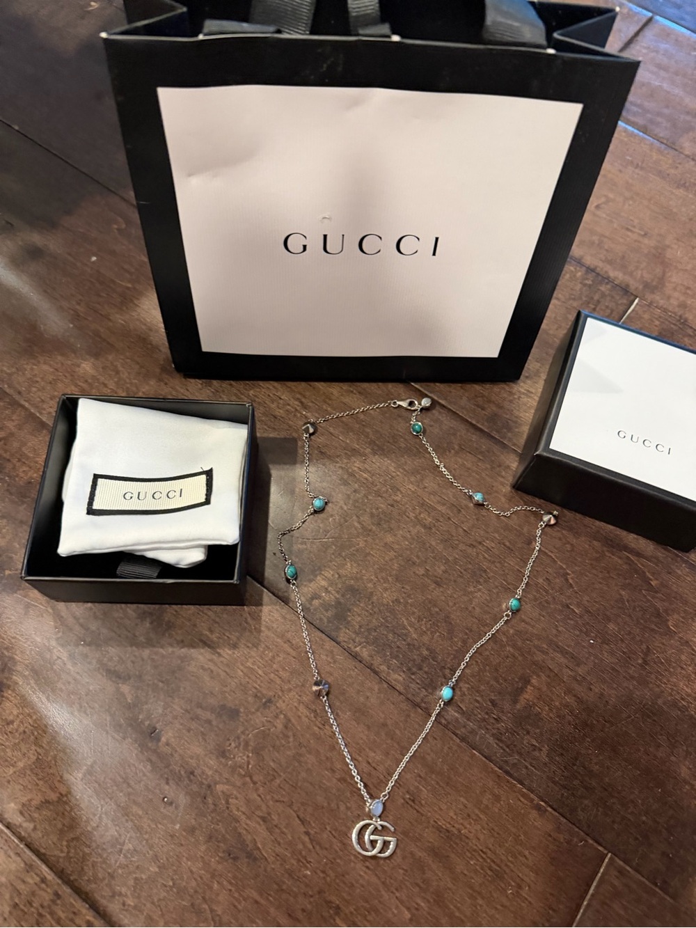 Gucci Silver Necklace with Turquoise Stations and GG Pendant
